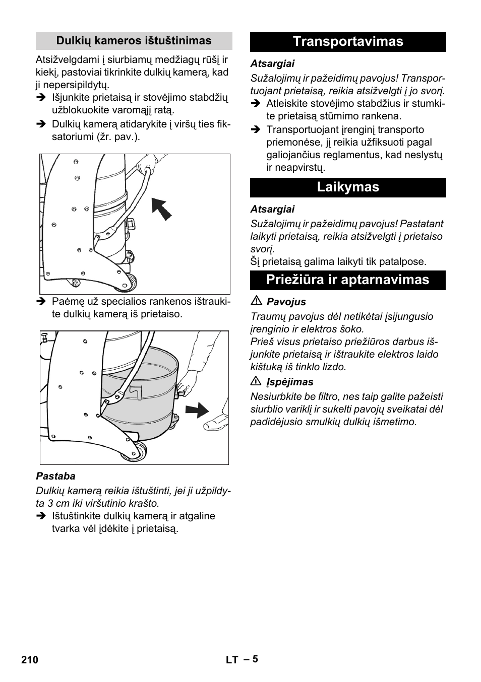 Dulkių kameros ištuštinimas, Transportavimas, Laikymas | Priežiūra ir aptarnavimas, Transportavimas laikymas priežiūra ir aptarnavimas | Karcher IV 60-36-3 W User Manual | Page 210 / 224