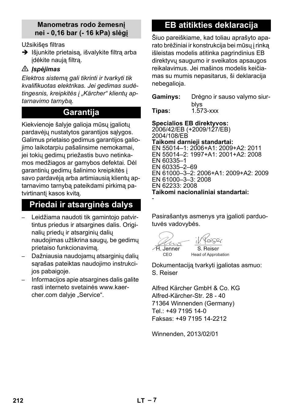 Garantija, Priedai ir atsarginės dalys, Eb atitikties deklaracija | Karcher IV 60-36-3 W User Manual | Page 212 / 224
