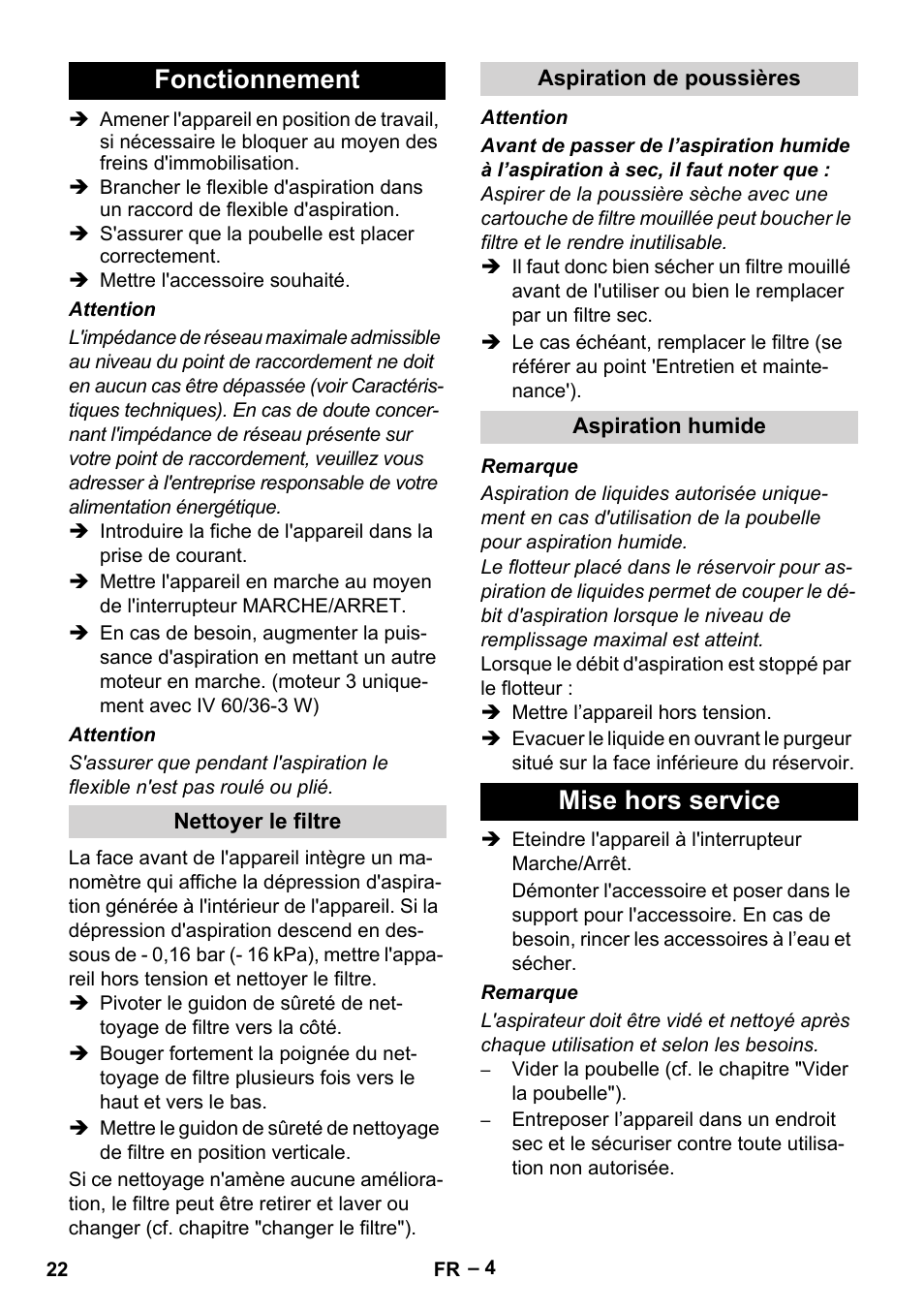Fonctionnement, Nettoyer le filtre, Aspiration de poussières | Aspiration humide, Mise hors service | Karcher IV 60-36-3 W User Manual | Page 22 / 224