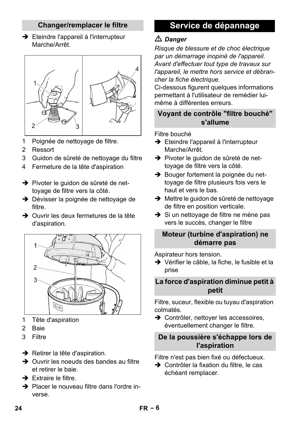 Changer/remplacer le filtre, Service de dépannage, Voyant de contrôle 