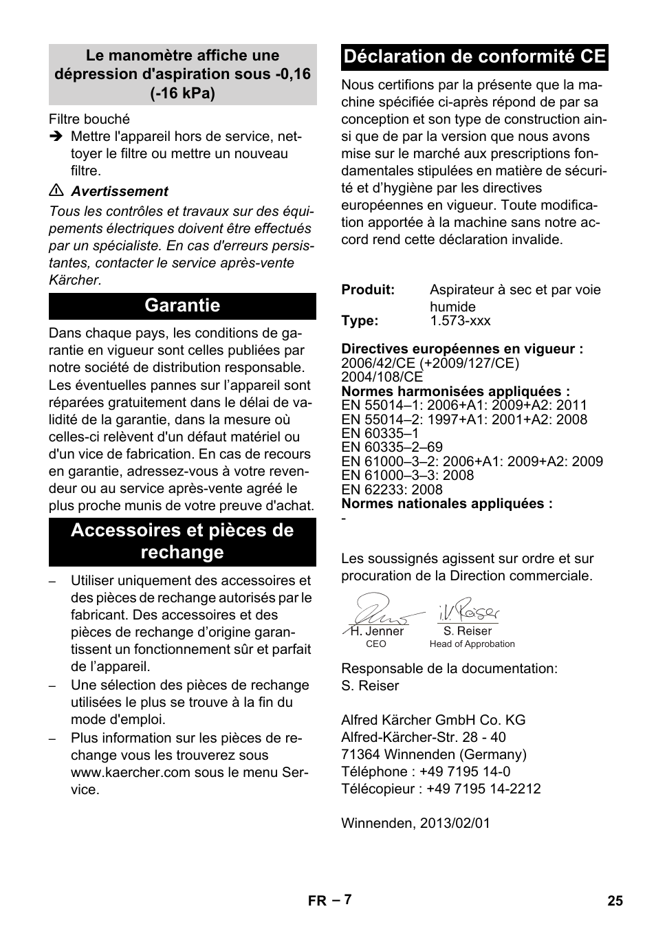 Garantie, Accessoires et pièces de rechange, Déclaration de conformité ce | Karcher IV 60-36-3 W User Manual | Page 25 / 224