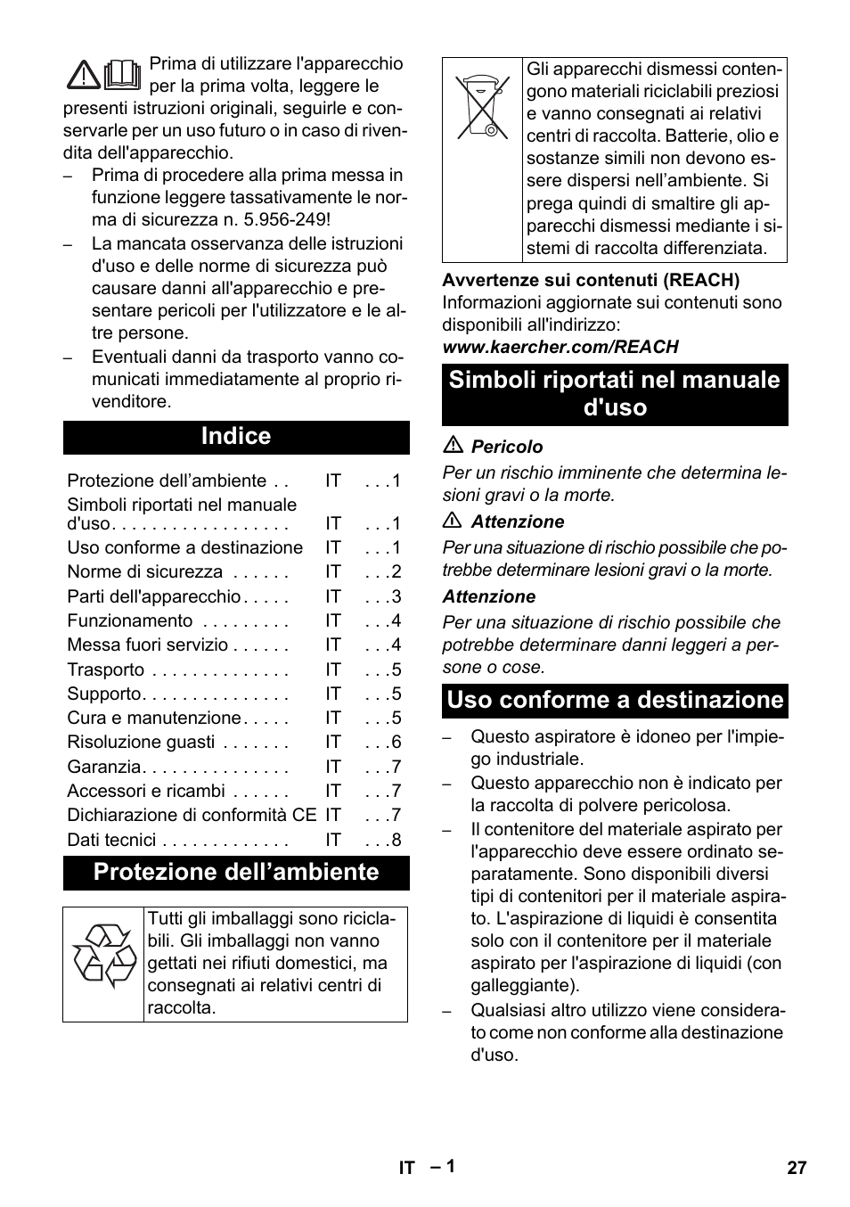Italiano, Indice, Protezione dell’ambiente | Simboli riportati nel manuale d'uso, Uso conforme a destinazione | Karcher IV 60-36-3 W User Manual | Page 27 / 224