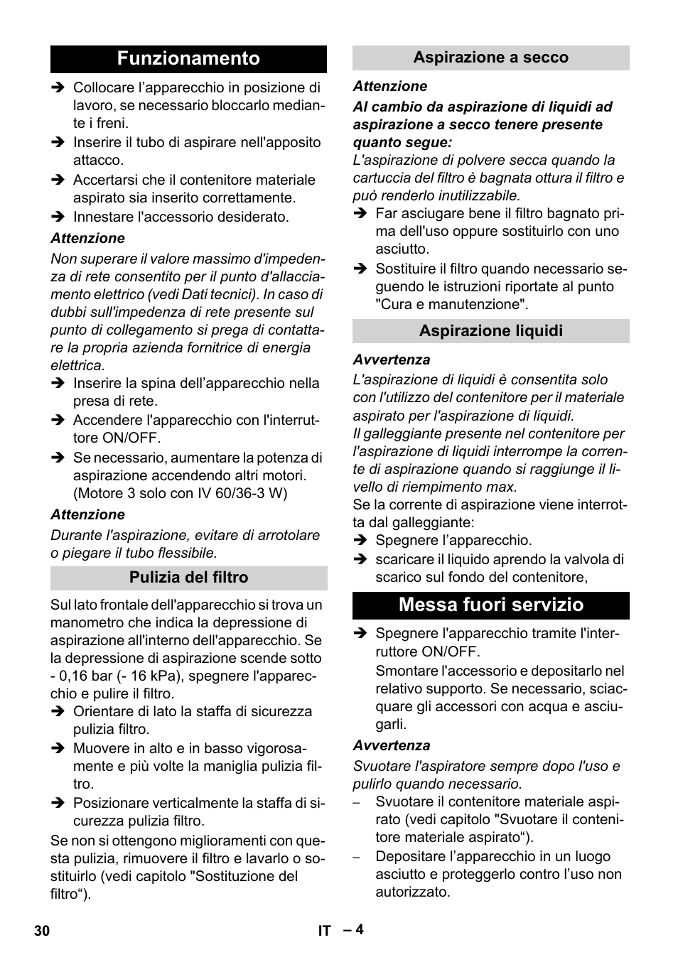 Funzionamento, Pulizia del filtro, Aspirazione a secco | Aspirazione liquidi, Messa fuori servizio | Karcher IV 60-36-3 W User Manual | Page 30 / 224