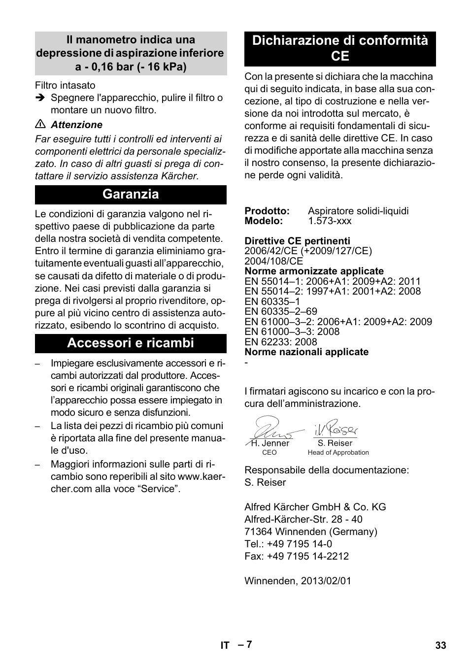 Garanzia, Accessori e ricambi, Dichiarazione di conformità ce | Karcher IV 60-36-3 W User Manual | Page 33 / 224