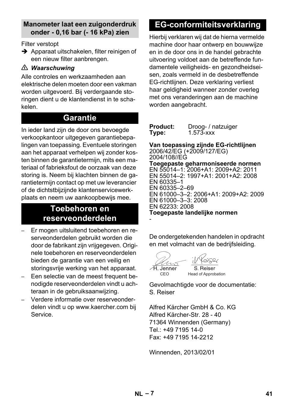 Garantie, Toebehoren en reserveonderdelen, Eg-conformiteitsverklaring | Karcher IV 60-36-3 W User Manual | Page 41 / 224