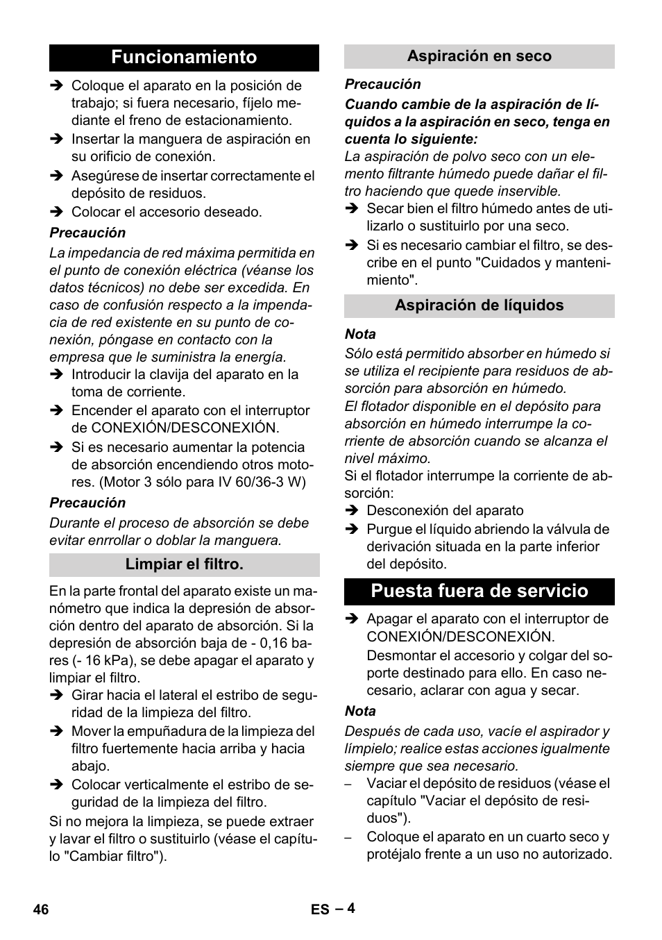 Funcionamiento, Limpiar el filtro, Aspiración en seco | Aspiración de líquidos, Puesta fuera de servicio | Karcher IV 60-36-3 W User Manual | Page 46 / 224