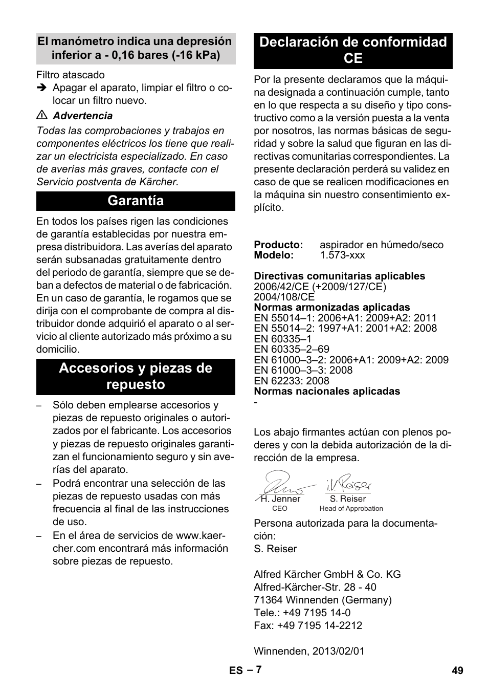Garantía, Accesorios y piezas de repuesto, Declaración de conformidad ce | Karcher IV 60-36-3 W User Manual | Page 49 / 224