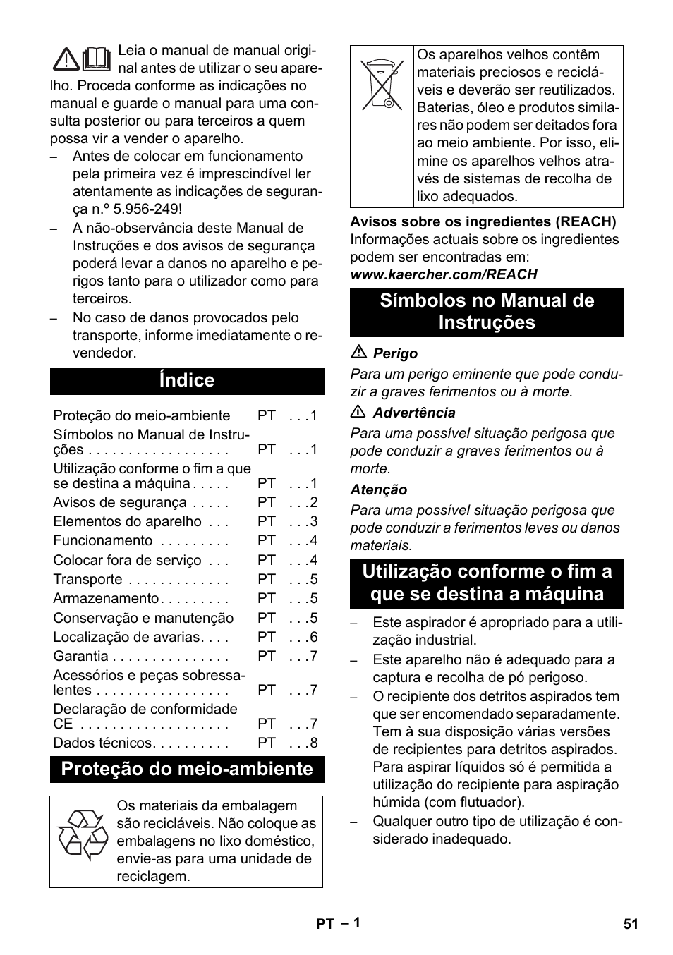 Português, Índice, Proteção do meio-ambiente | Símbolos no manual de instruções | Karcher IV 60-36-3 W User Manual | Page 51 / 224