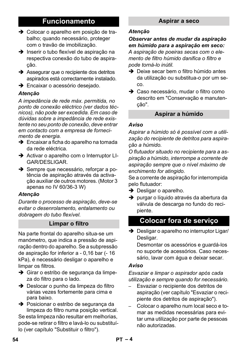 Funcionamento, Limpar o filtro, Aspirar a seco | Aspirar a húmido, Colocar fora de serviço | Karcher IV 60-36-3 W User Manual | Page 54 / 224