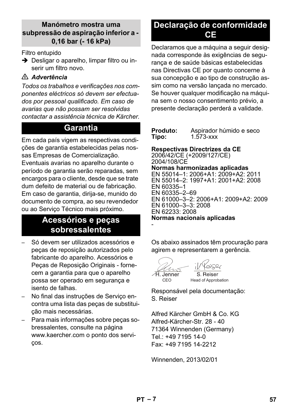 Garantia, Acessórios e peças sobressalentes, Declaração de conformidade ce | Karcher IV 60-36-3 W User Manual | Page 57 / 224