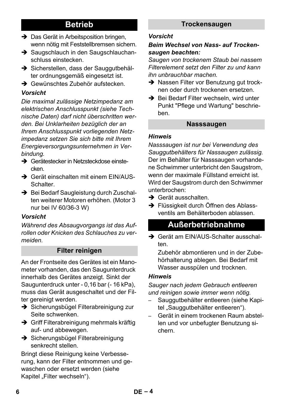 Betrieb, Filter reinigen, Trockensaugen | Nasssaugen, Außerbetriebnahme | Karcher IV 60-36-3 W User Manual | Page 6 / 224