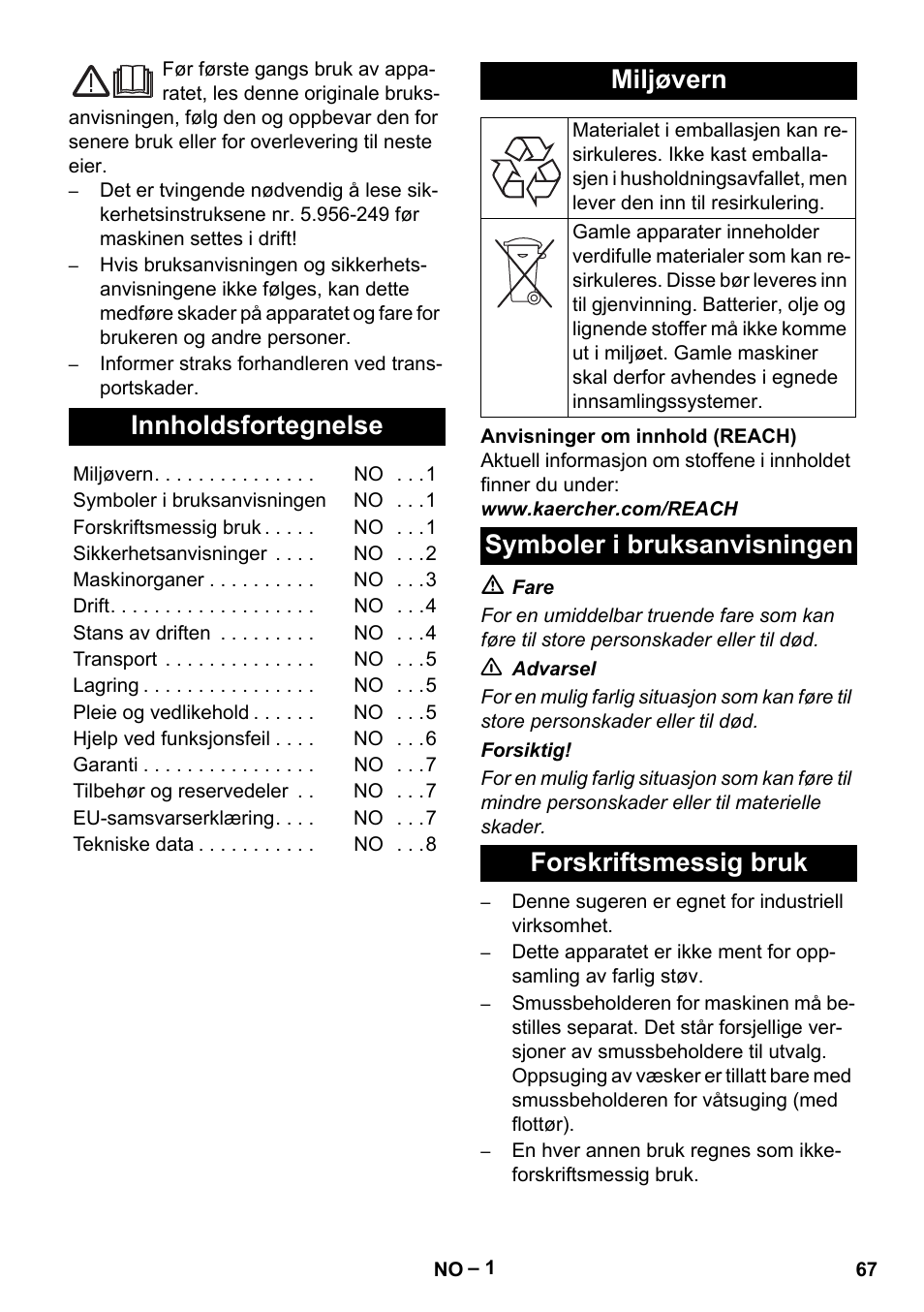 Norsk, Innholdsfortegnelse, Miljøvern | Symboler i bruksanvisningen, Forskriftsmessig bruk, Symboler i bruksanvisningen forskriftsmessig bruk | Karcher IV 60-36-3 W User Manual | Page 67 / 224