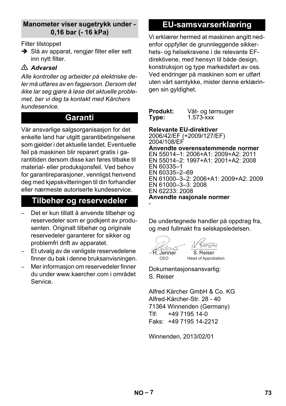 Garanti, Tilbehør og reservedeler, Eu-samsvarserklæring | Karcher IV 60-36-3 W User Manual | Page 73 / 224