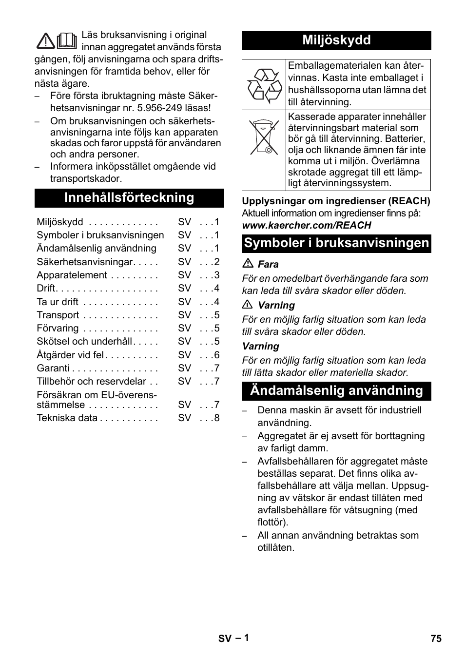Svenska, Innehållsförteckning, Miljöskydd | Symboler i bruksanvisningen, Ändamålsenlig användning | Karcher IV 60-36-3 W User Manual | Page 75 / 224