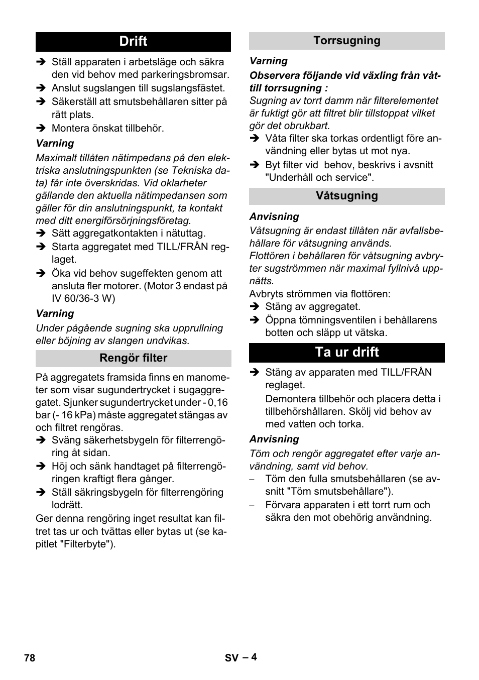 Drift, Rengör filter, Torrsugning | Våtsugning, Ta ur drift | Karcher IV 60-36-3 W User Manual | Page 78 / 224