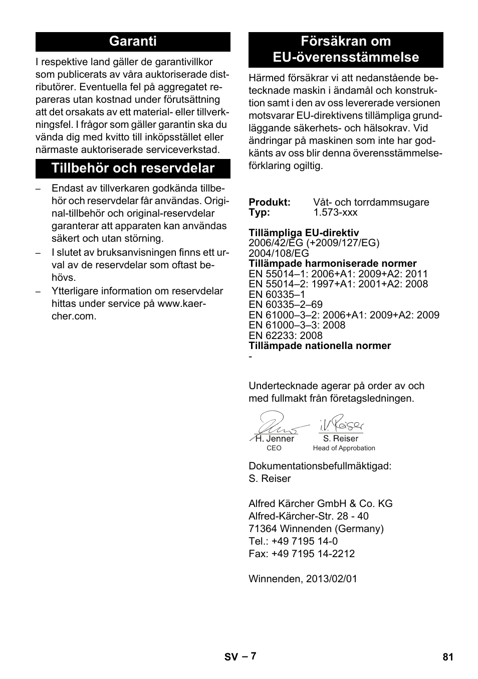 Garanti, Tillbehör och reservdelar, Försäkran om eu-överensstämmelse | Karcher IV 60-36-3 W User Manual | Page 81 / 224