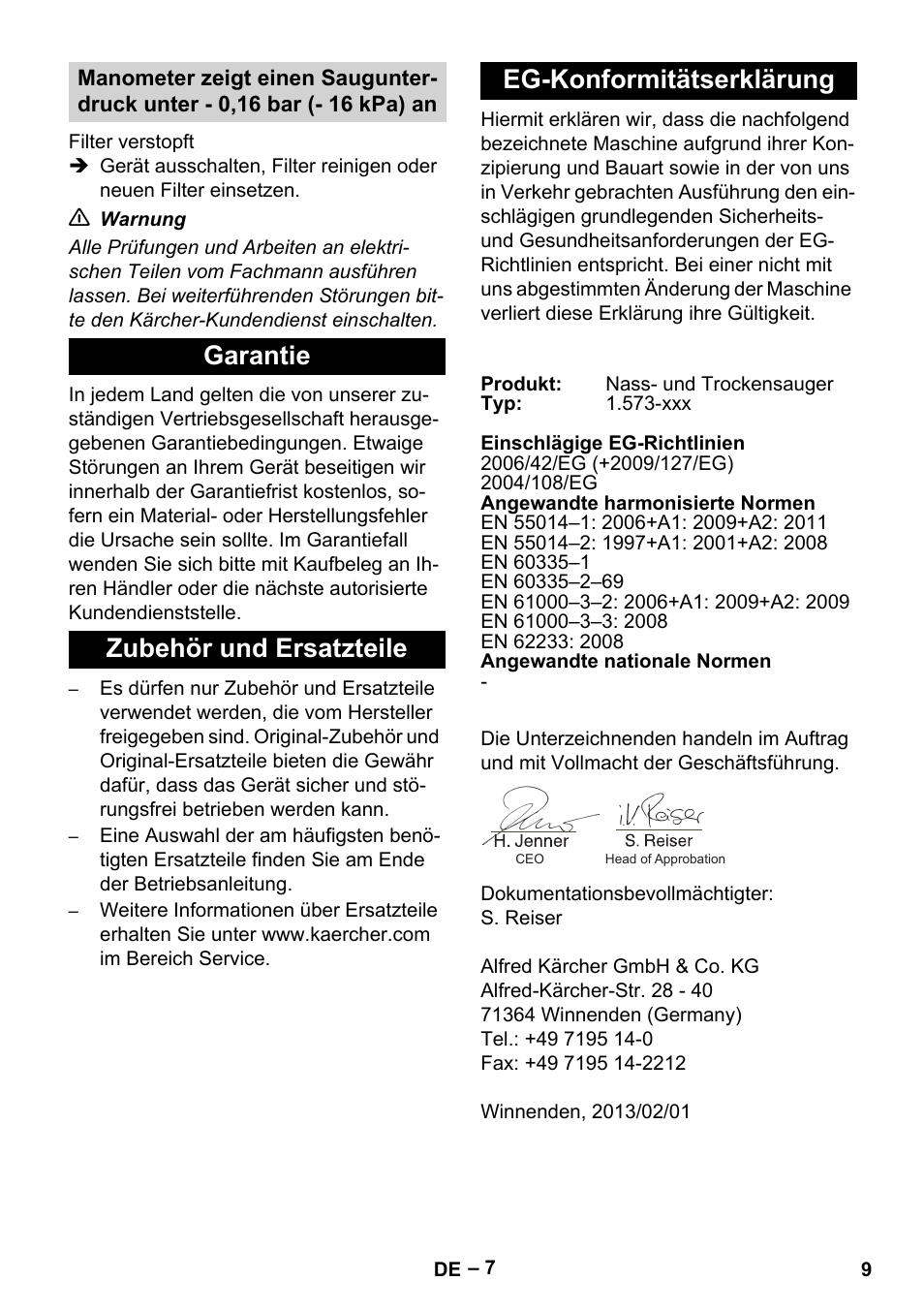Garantie, Zubehör und ersatzteile, Eg-konformitätserklärung | Karcher IV 60-36-3 W User Manual | Page 9 / 224