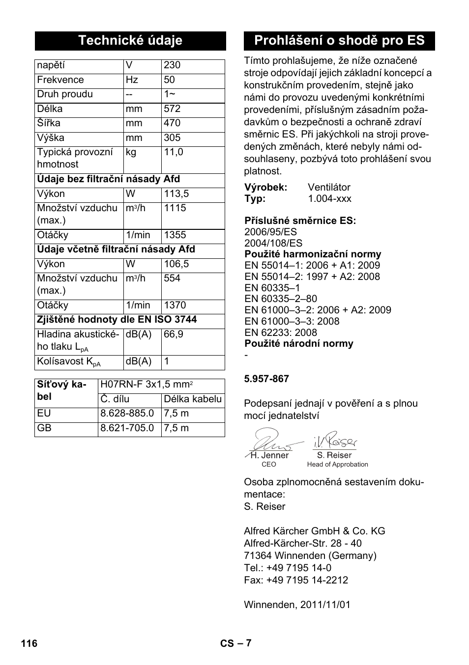 Technické údaje, Prohlášení o shodě pro es | Karcher AB 20 User Manual | Page 116 / 204