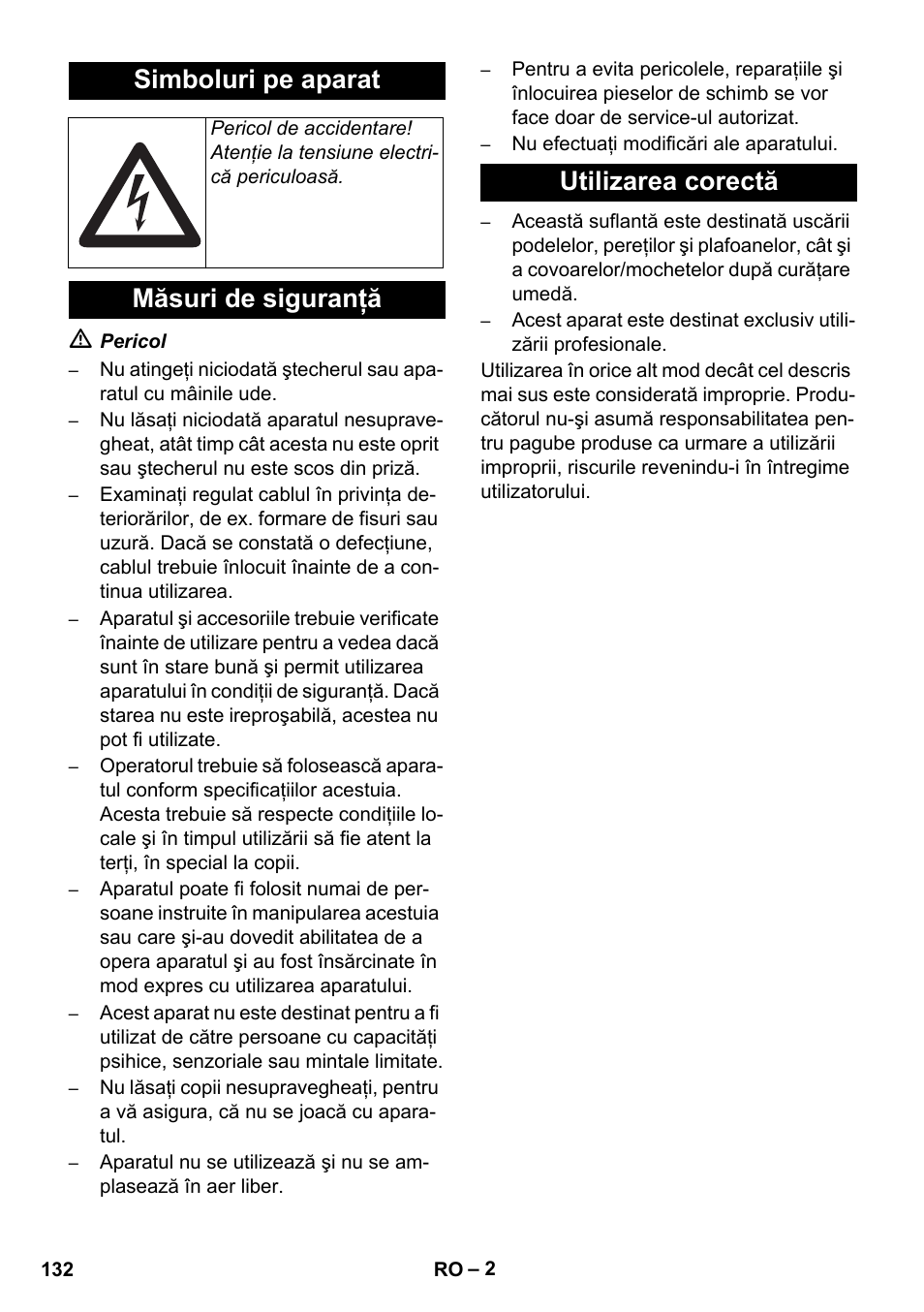 Simboluri pe aparat, Măsuri de siguranţă utilizarea corectă | Karcher AB 20 User Manual | Page 132 / 204
