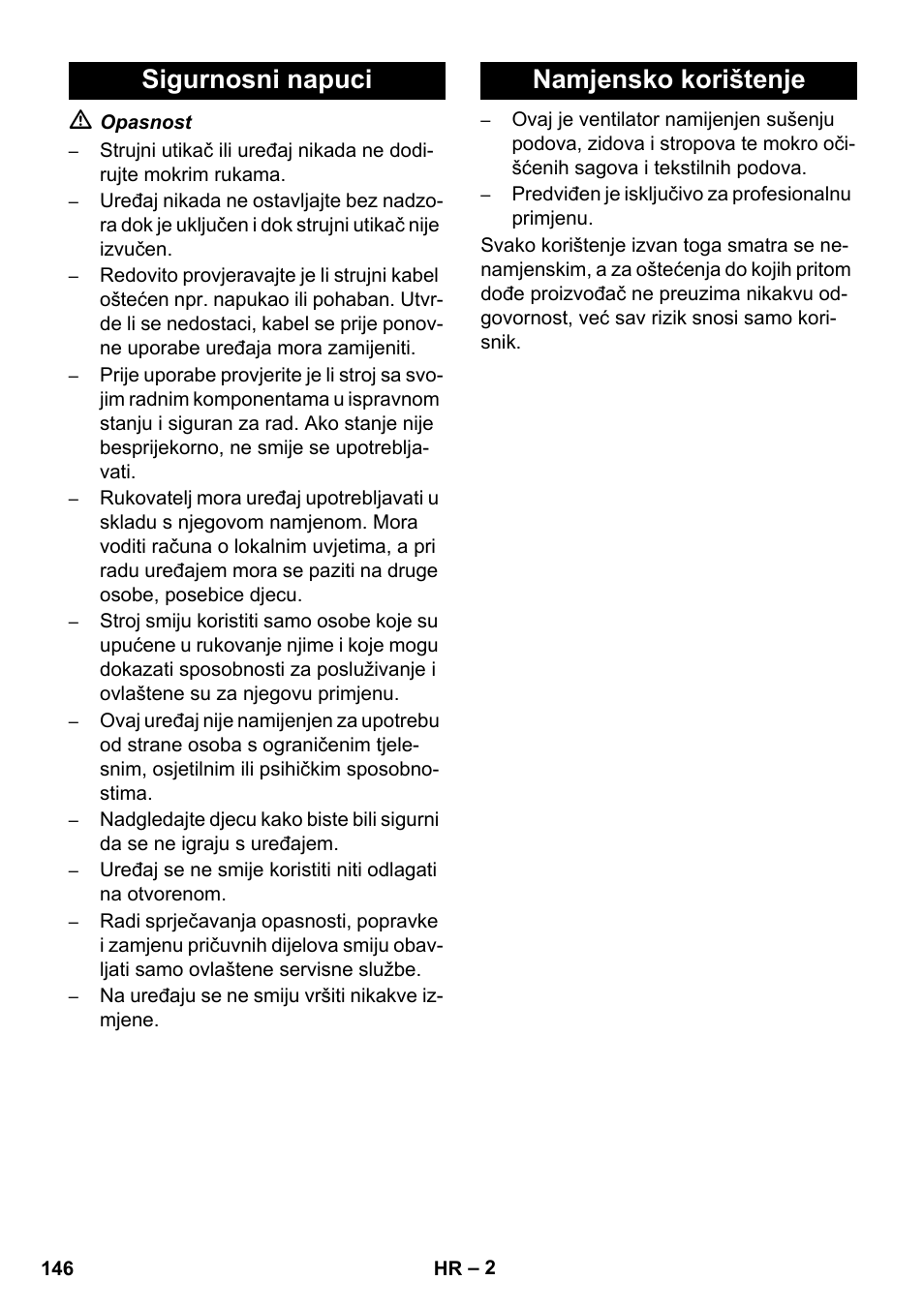 Sigurnosni napuci namjensko korištenje | Karcher AB 20 User Manual | Page 146 / 204
