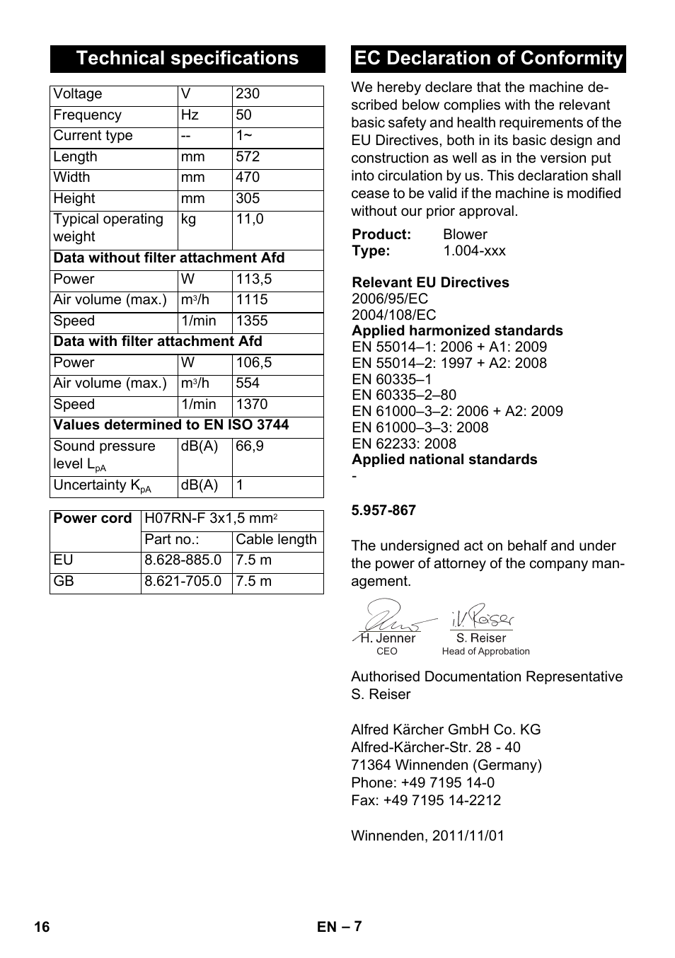 Technical specifications, Ec declaration of conformity | Karcher AB 20 User Manual | Page 16 / 204