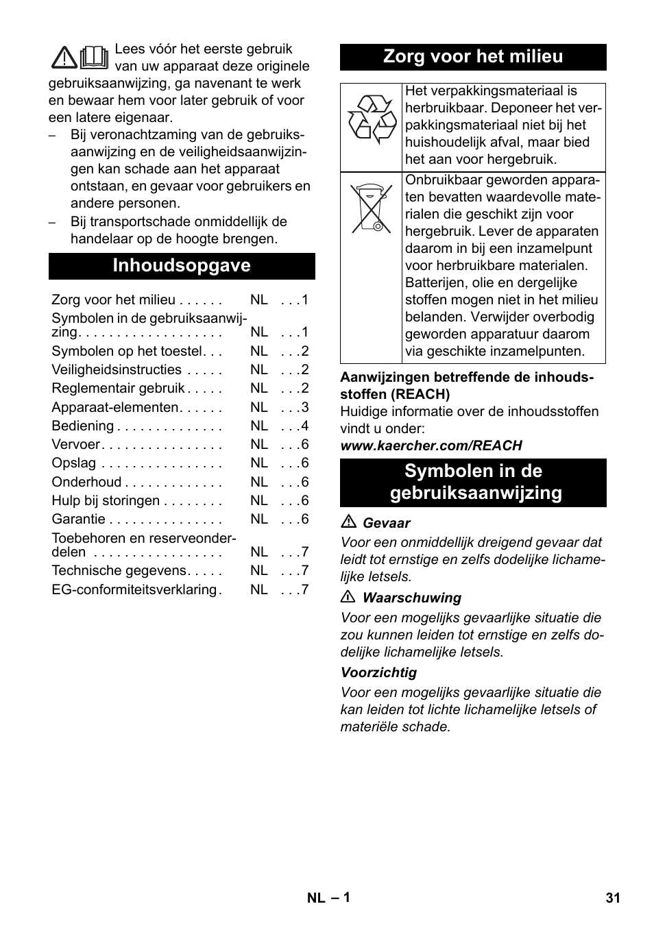 Nederlands, Inhoudsopgave, Zorg voor het milieu | Symbolen in de gebruiksaanwijzing | Karcher AB 20 User Manual | Page 31 / 204