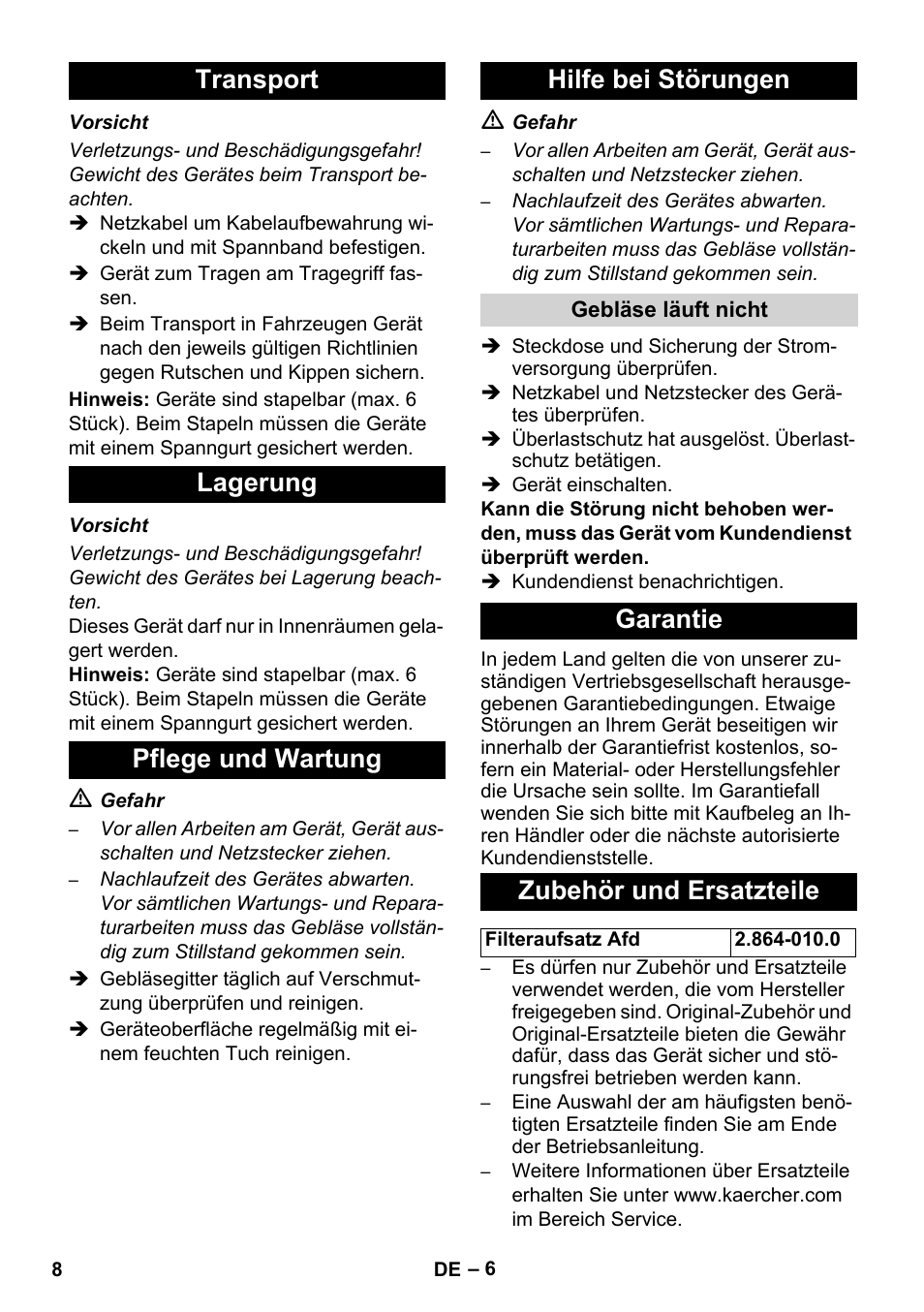 Garantie zubehör und ersatzteile | Karcher AB 20 User Manual | Page 8 / 204