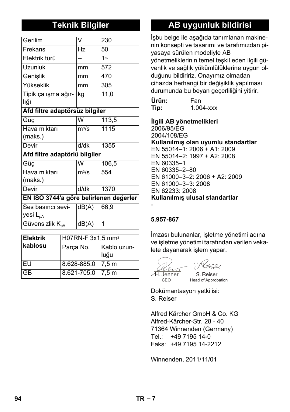 Teknik bilgiler, Ab uygunluk bildirisi | Karcher AB 20 User Manual | Page 94 / 204