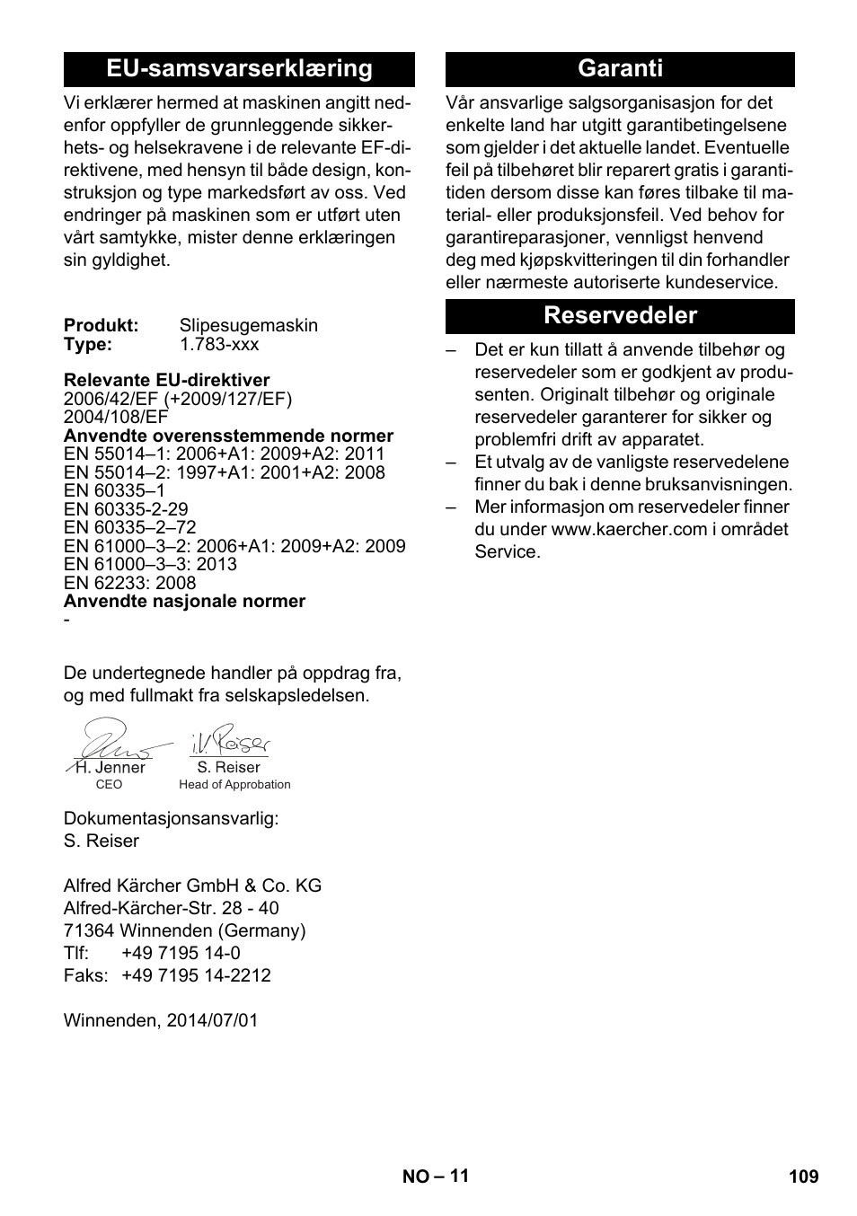 Eu-samsvarserklæring, Garanti, Reservedeler | Garanti reservedeler | Karcher BR 35-12 Bp Pack User Manual | Page 109 / 340
