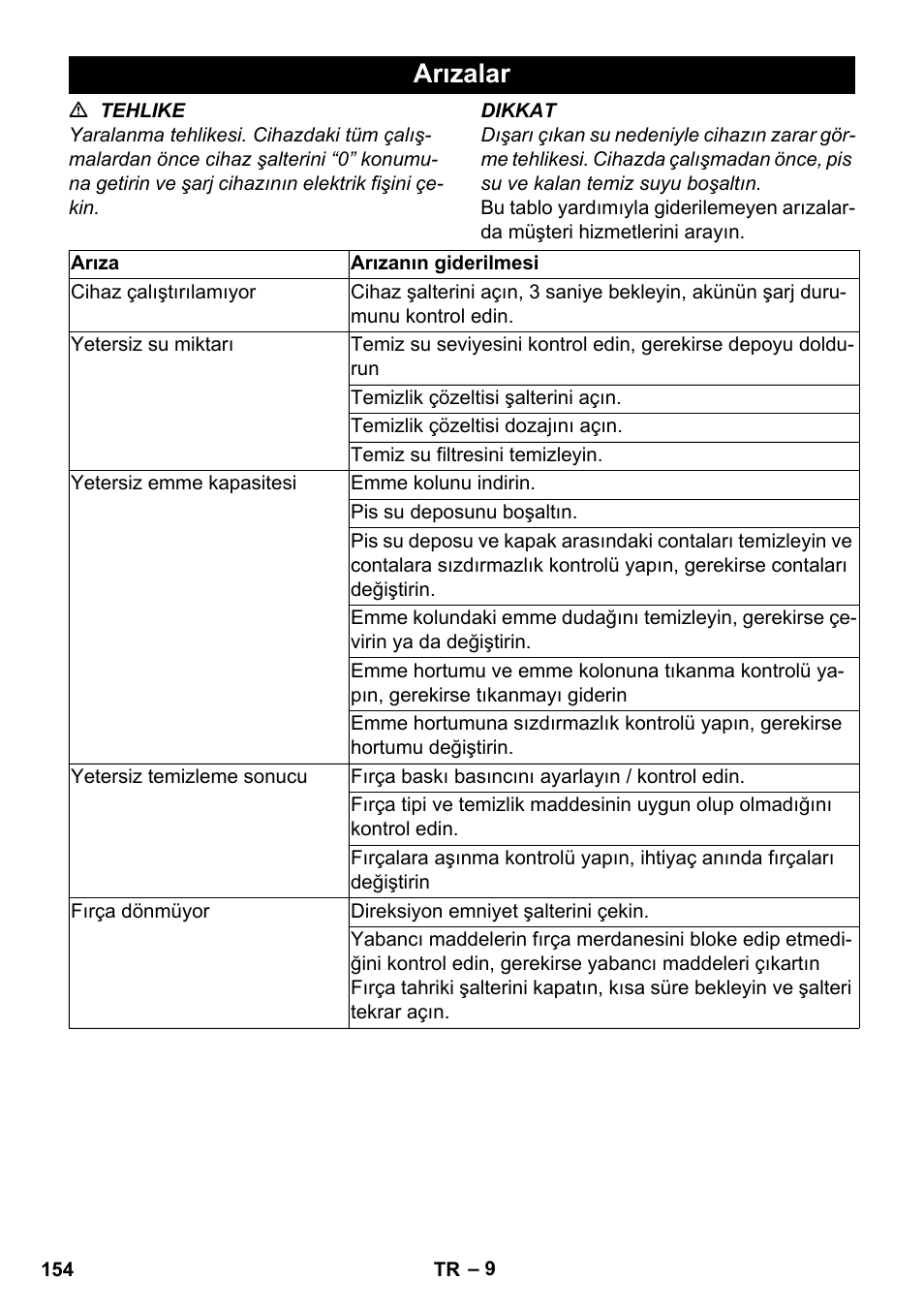 Arızalar | Karcher BR 35-12 Bp Pack User Manual | Page 154 / 340