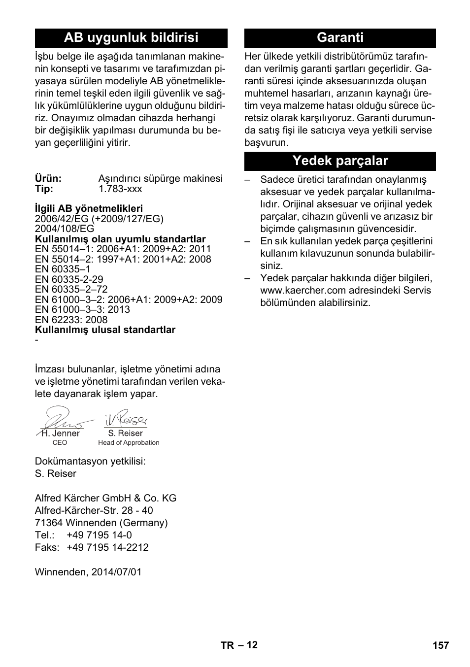 Ab uygunluk bildirisi, Garanti, Yedek parçalar | Garanti yedek parçalar | Karcher BR 35-12 Bp Pack User Manual | Page 157 / 340