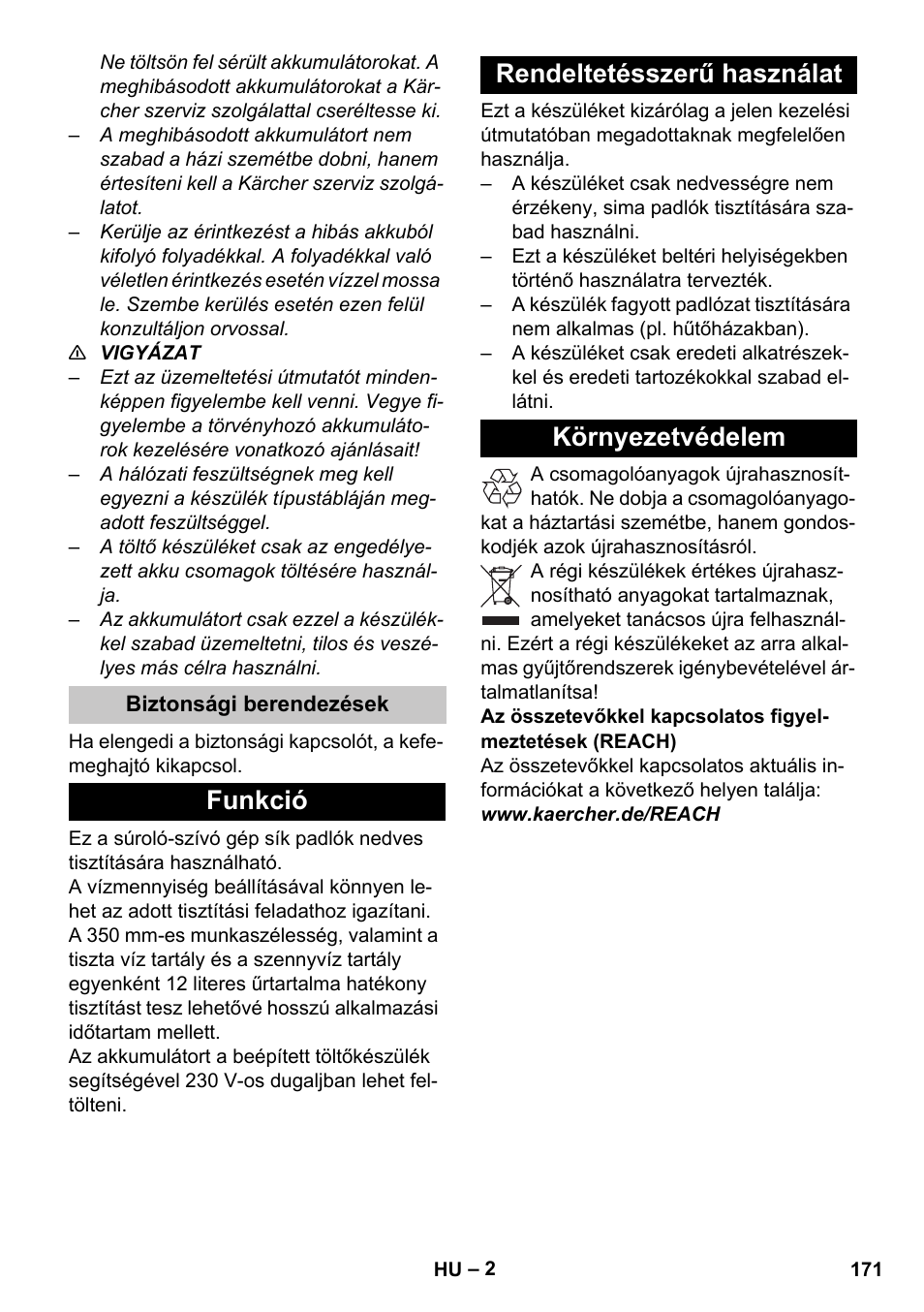 Biztonsági berendezések, Funkció, Rendeltetésszerű használat | Környezetvédelem | Karcher BR 35-12 Bp Pack User Manual | Page 171 / 340