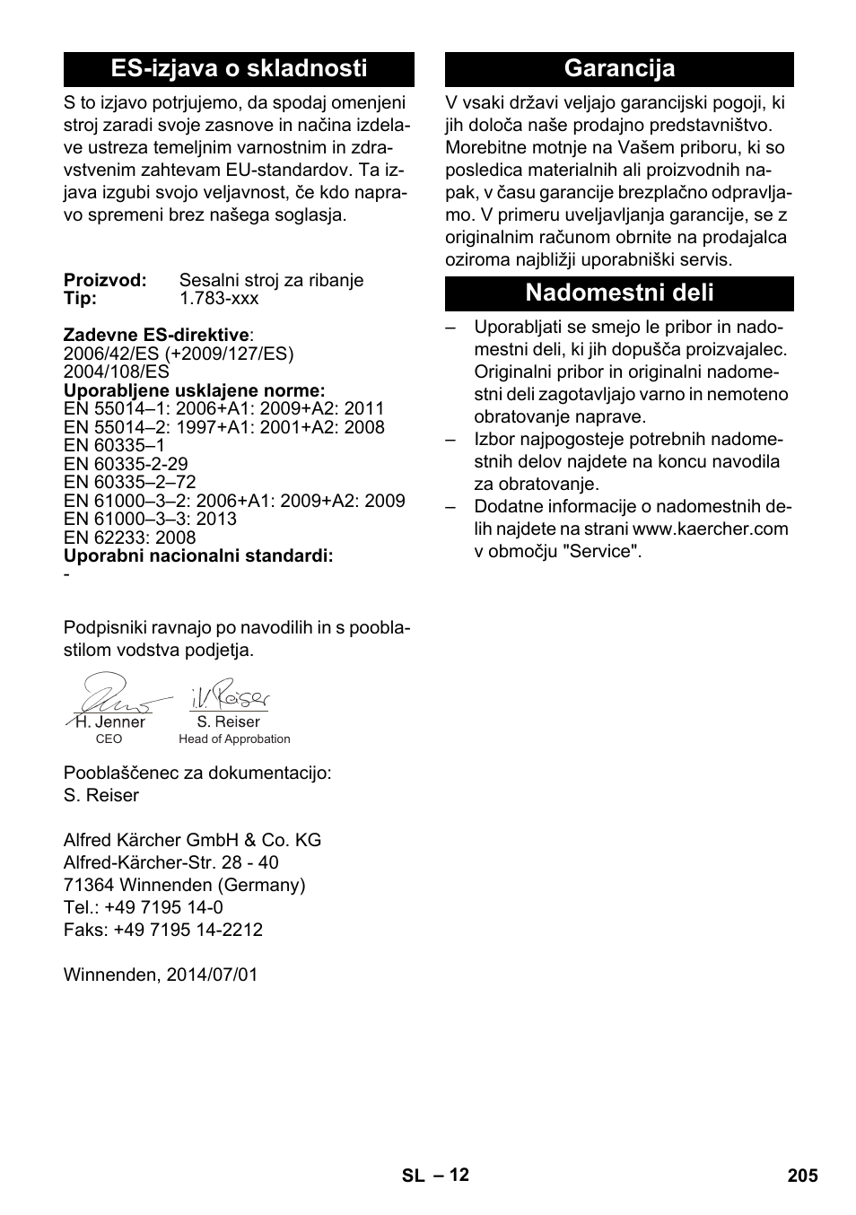 Es-izjava o skladnosti, Garancija, Nadomestni deli | Garancija nadomestni deli | Karcher BR 35-12 Bp Pack User Manual | Page 205 / 340