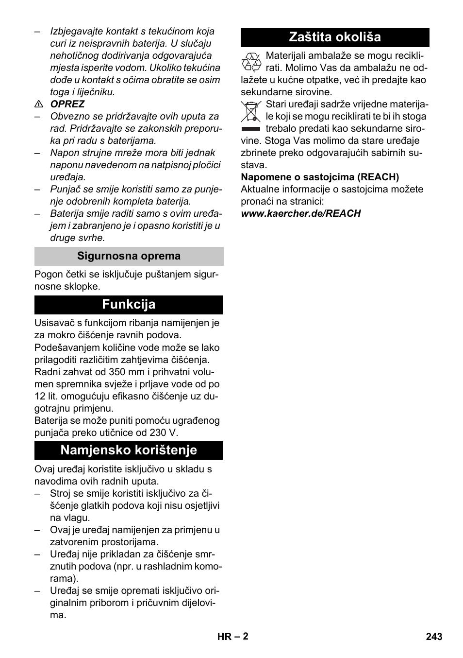 Sigurnosna oprema, Funkcija, Namjensko korištenje | Zaštita okoliša, Funkcija namjensko korištenje zaštita okoliša | Karcher BR 35-12 Bp Pack User Manual | Page 243 / 340
