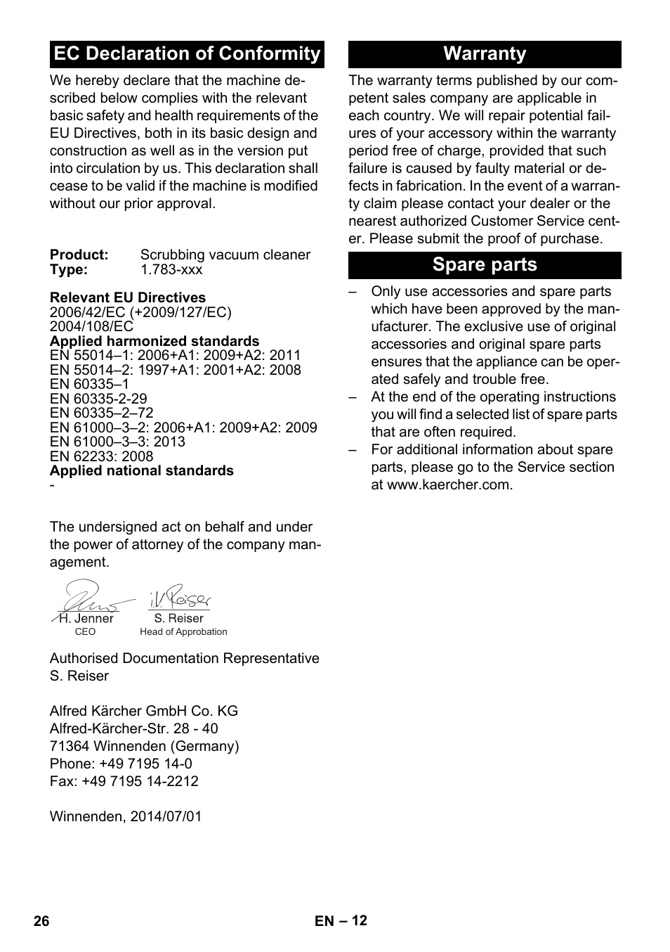 Ec declaration of conformity, Warranty, Spare parts | Warranty spare parts | Karcher BR 35-12 Bp Pack User Manual | Page 26 / 340