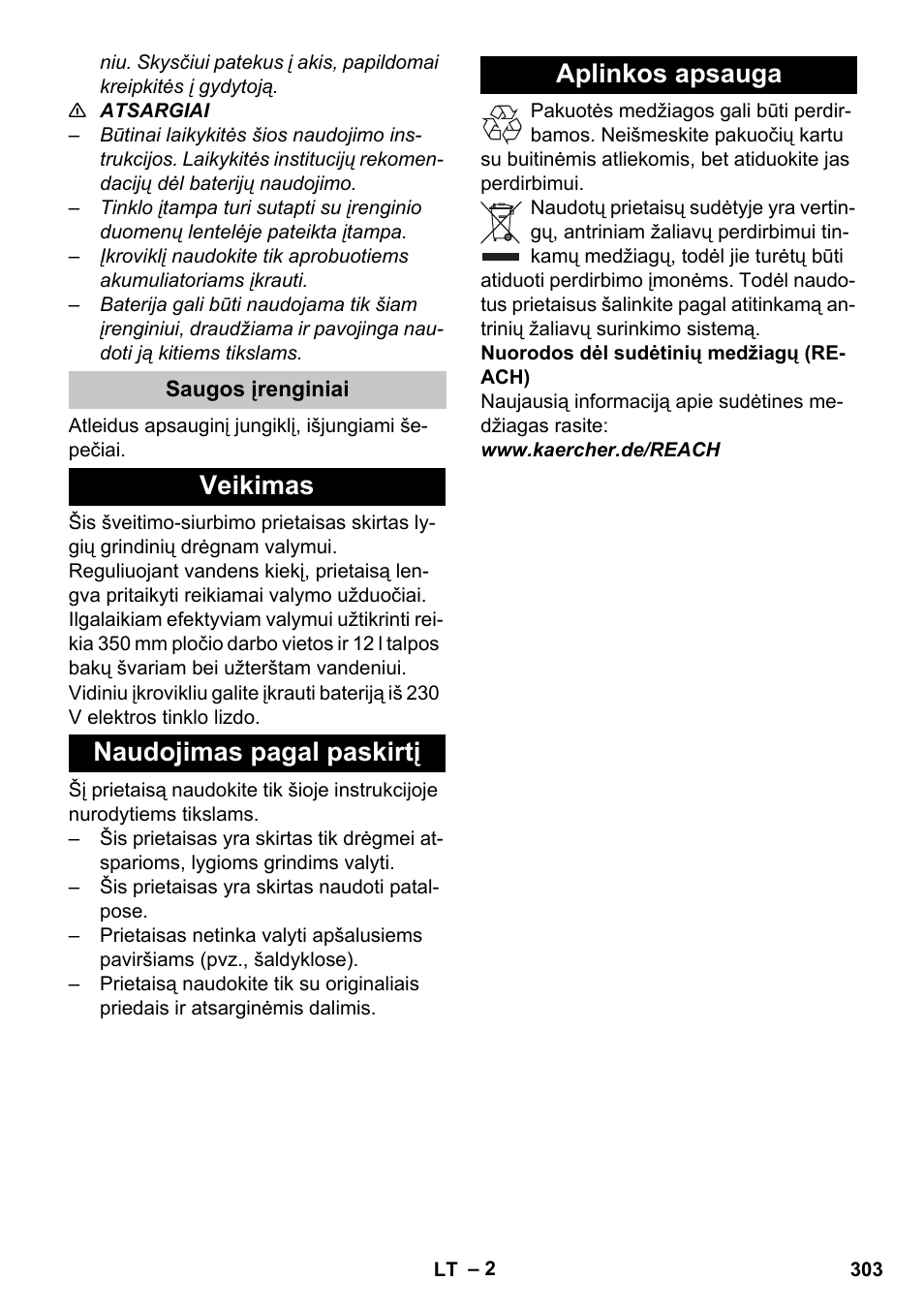 Saugos įrenginiai, Veikimas, Naudojimas pagal paskirtį | Aplinkos apsauga | Karcher BR 35-12 Bp Pack User Manual | Page 303 / 340