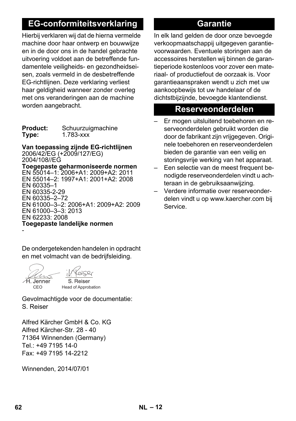 Eg-conformiteitsverklaring, Garantie, Reserveonderdelen | Garantie reserveonderdelen | Karcher BR 35-12 Bp Pack User Manual | Page 62 / 340