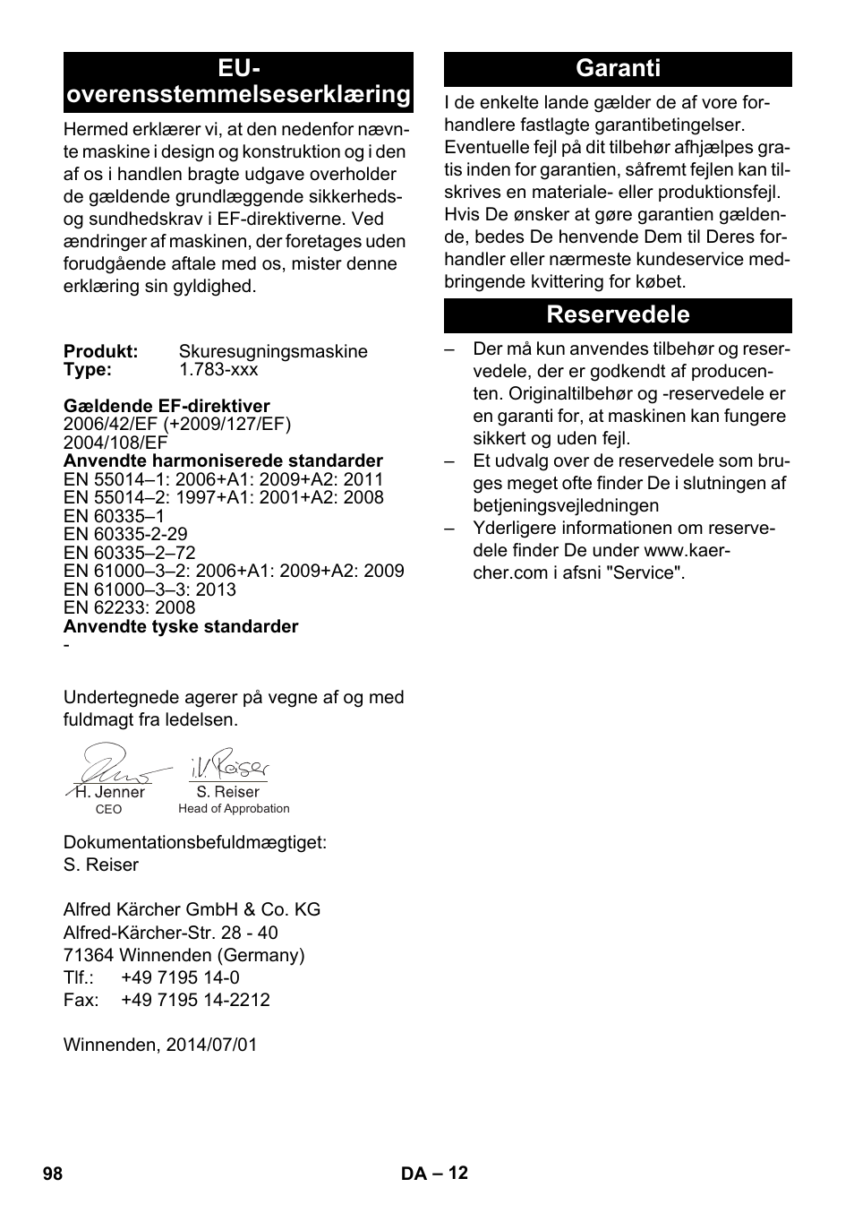Eu- overensstemmelseserklæring, Garanti, Reservedele | Garanti reservedele | Karcher BR 35-12 Bp Pack User Manual | Page 98 / 340