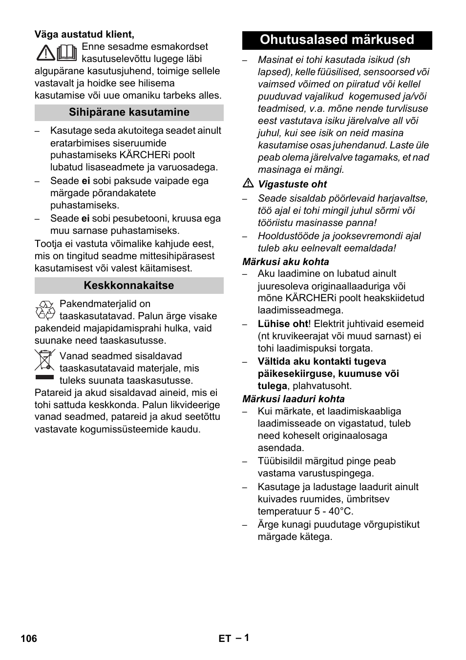 Eesti, Ohutusalased märkused | Karcher K 55 Pet Plus User Manual | Page 106 / 136