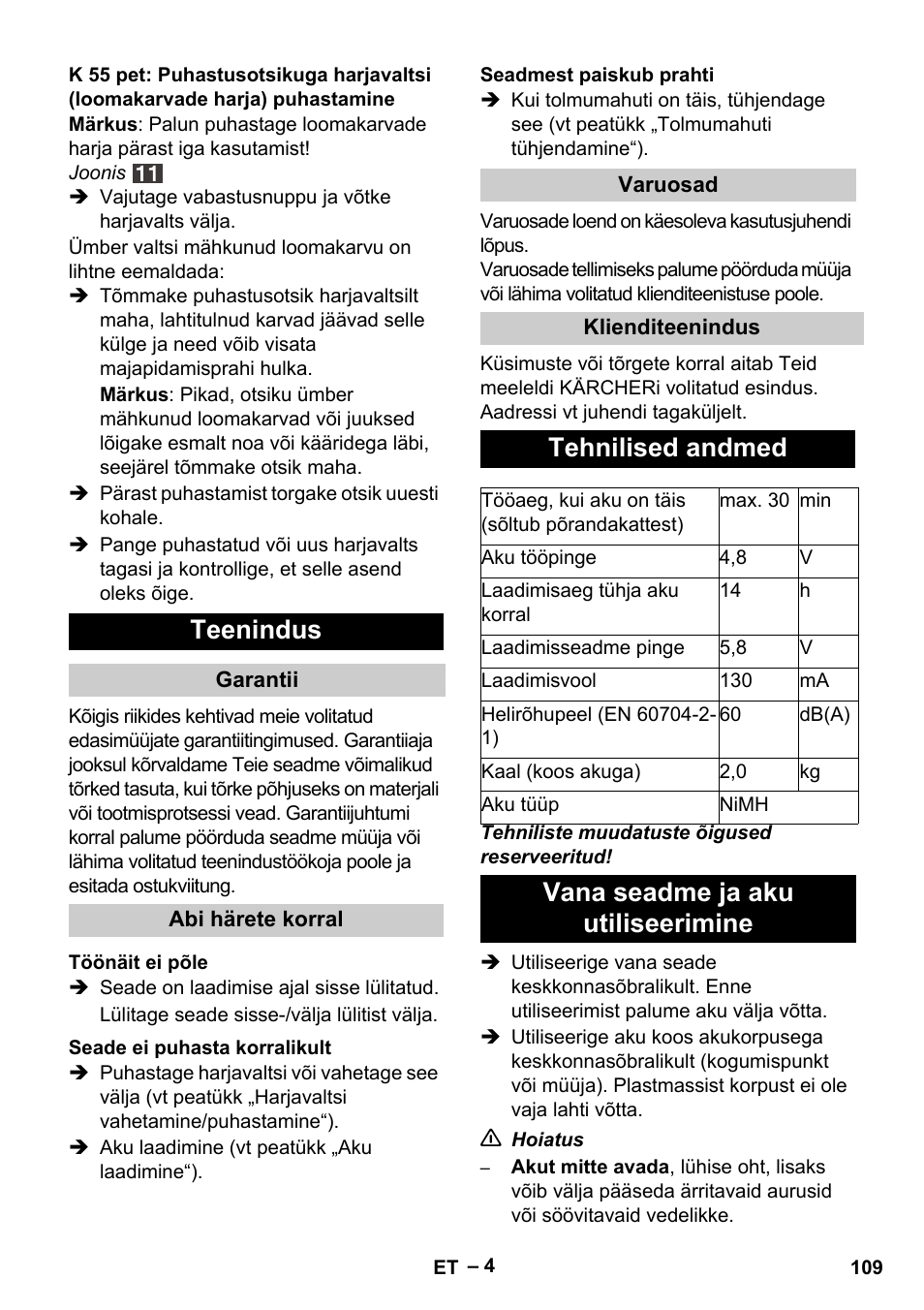 Teenindus, Tehnilised andmed, Vana seadme ja aku utiliseerimine | Karcher K 55 Pet Plus User Manual | Page 109 / 136