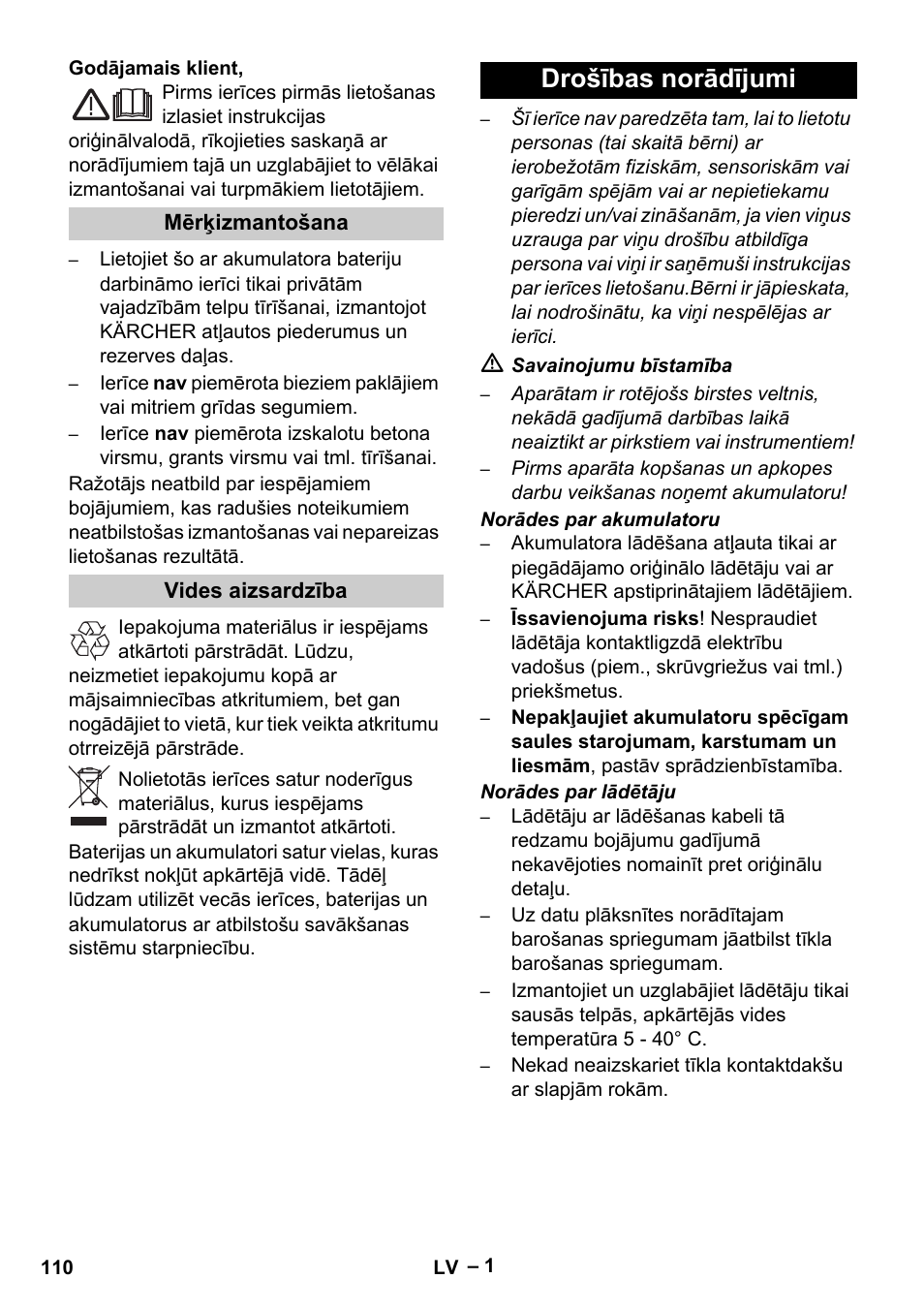 Latviešu, Drošības norādījumi | Karcher K 55 Pet Plus User Manual | Page 110 / 136