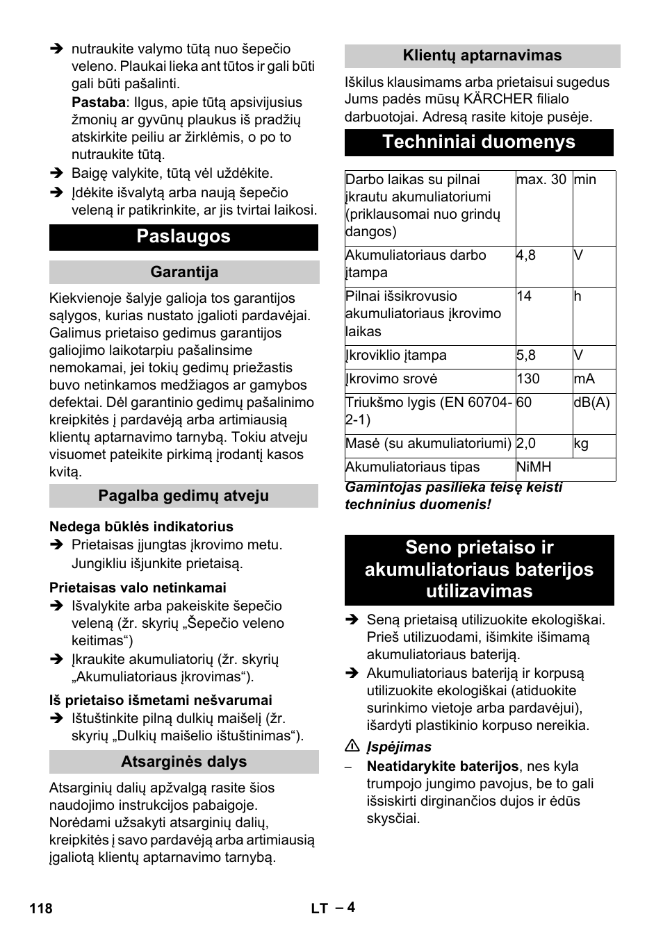 Paslaugos, Techniniai duomenys | Karcher K 55 Pet Plus User Manual | Page 118 / 136