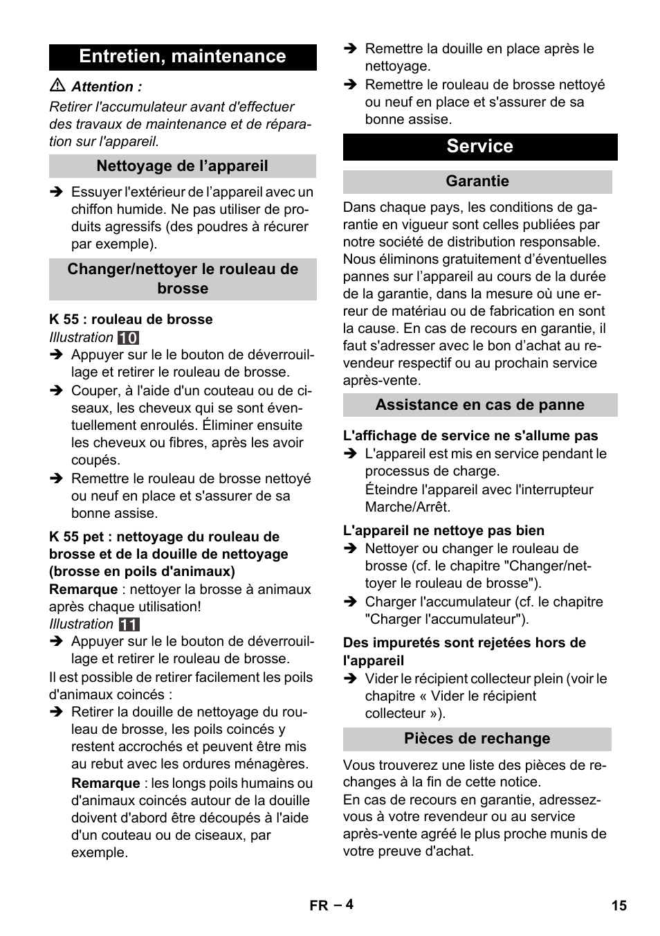 Entretien, maintenance, Service | Karcher K 55 Pet Plus User Manual | Page 15 / 136