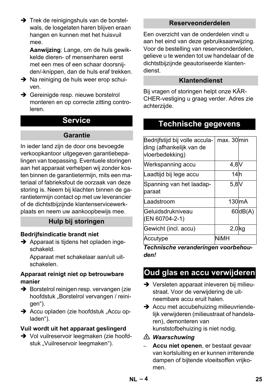 Service, Technische gegevens, Oud glas en accu verwijderen | Karcher K 55 Pet Plus User Manual | Page 25 / 136
