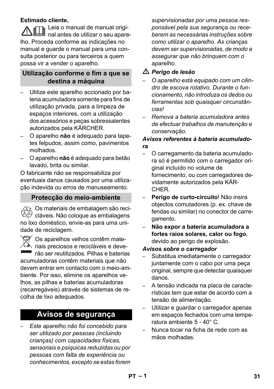 Português, Avisos de segurança | Karcher K 55 Pet Plus User Manual | Page 31 / 136