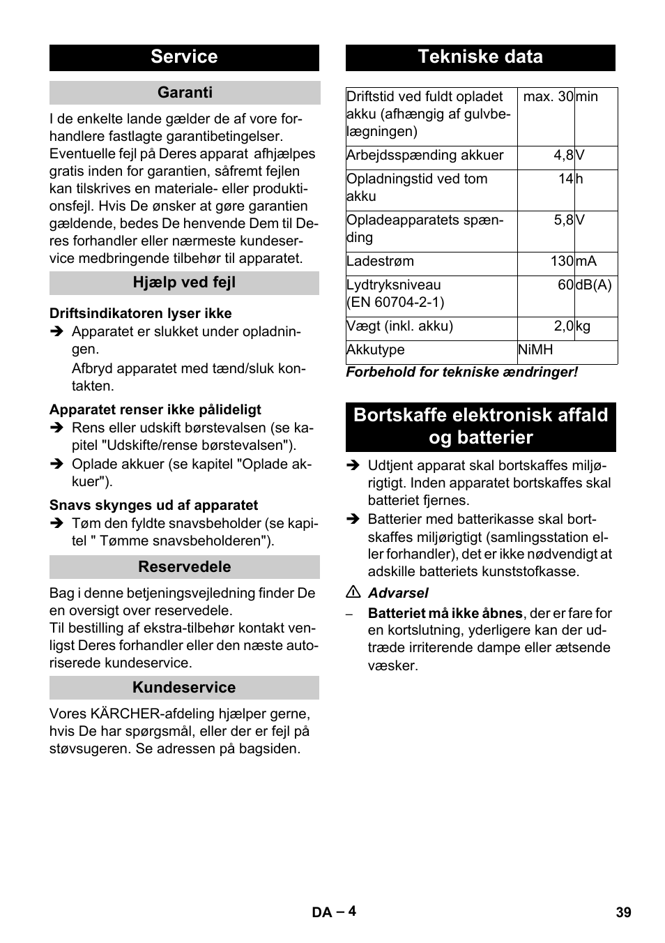 Service, Tekniske data, Bortskaffe elektronisk affald og batterier | Karcher K 55 Pet Plus User Manual | Page 39 / 136