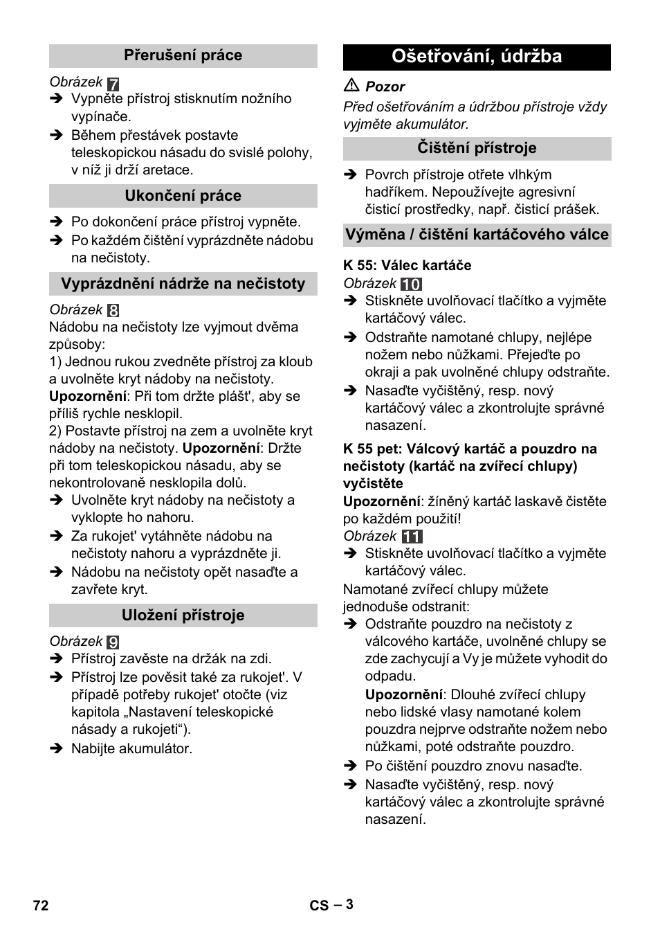 Ošetřování, údržba | Karcher K 55 Pet Plus User Manual | Page 72 / 136