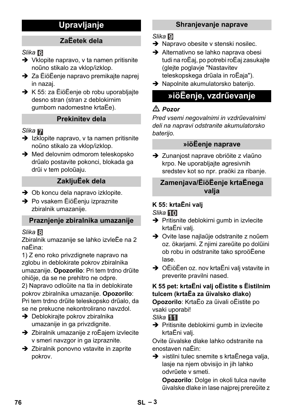 Upravljanje, Iöëenje, vzdrűevanje | Karcher K 55 Pet Plus User Manual | Page 76 / 136