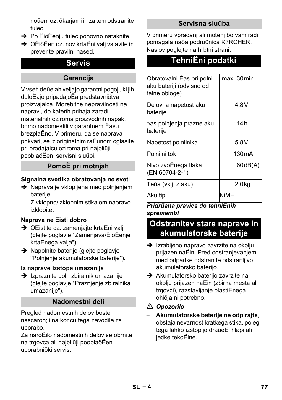 Servis, Tehniëni podatki | Karcher K 55 Pet Plus User Manual | Page 77 / 136