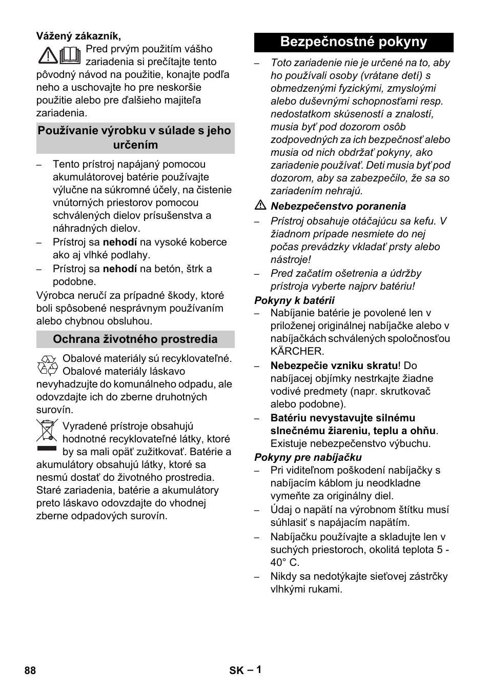 Slovenčina, Bezpečnostné pokyny | Karcher K 55 Pet Plus User Manual | Page 88 / 136